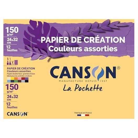 POCHETTE DE 10 PAPIER DESSIN COULEUR CANSON 150GR